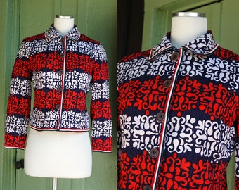 1960s Navy Blue Red White Mod Striped Waffle Cotton Blazer Jacket // 60s Mod Jacket by Saks Fifth Avenue