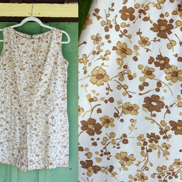 1960s White Tan Beige Floral Romper with Matching Belt // 60s Sleeveless Drop Waist Relaxed Shorts Jumpsuit Onesie