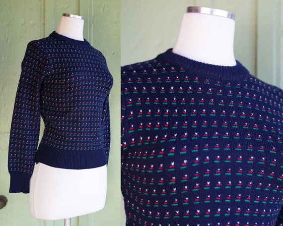 1960s 1970s Navy Blue Knit Sweater with White Red… - image 1