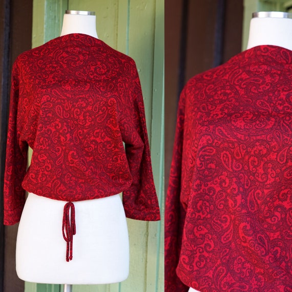 1950s 1960s Red Paisley Cropped Blouse // 50s 60s… - image 1