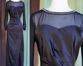 1990s 2000s Black Formal Gown with Sheer Mesh Sleeves // 90s Y2K Tahari Evening Gown Faux Wrap Dress