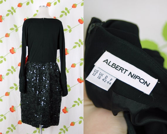 1990s Black Albert Nipon Dress with Black Sequin … - image 10