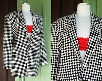 1990s Black White Checked Blazer Jacket // 90s Black White Blazer by Karen Kane Lifestyle