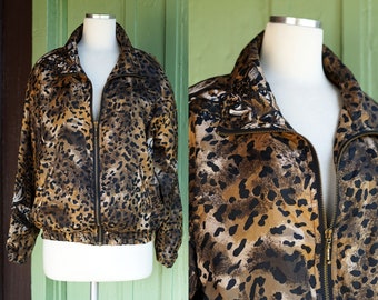 1980s 1990s Leopard Print Silk Jacket // 80s 90s Brown Black Big Cat Jacket