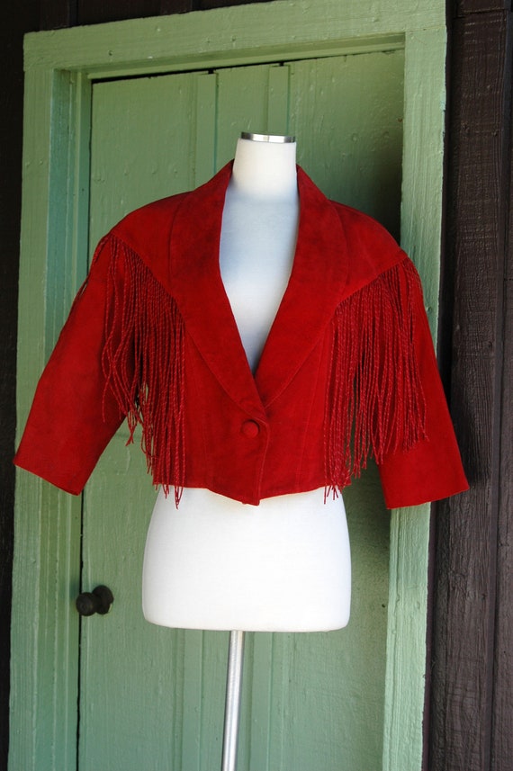 1990s Dark Red Suede Cropped Jacket with Fringe T… - image 2