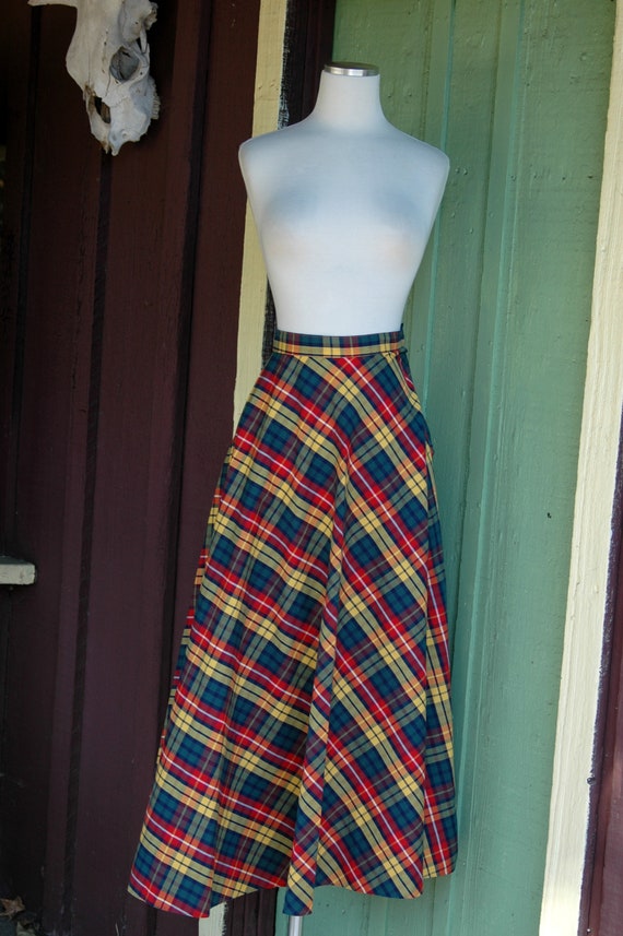 HOLIDAY 1960s Yellow Red Green Plaid Maxi Skirt /… - image 5