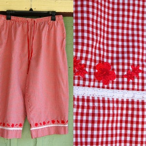 1990s Red and White Checked Cropped Pants by Karen Scott // 90s Summer Picnic Casual Pants with Red Floral Detail image 1