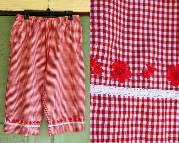 1990s Red and White Checked Cropped Pants by Kare… - image 1