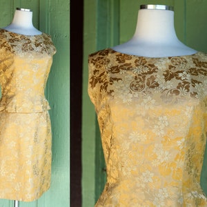 1950s 1960s Gold Asian Inspired Floral Print Skirt and Top Set // 50s 60s Mid Century Sleeveless Button Back Blouse and Skirt Suit