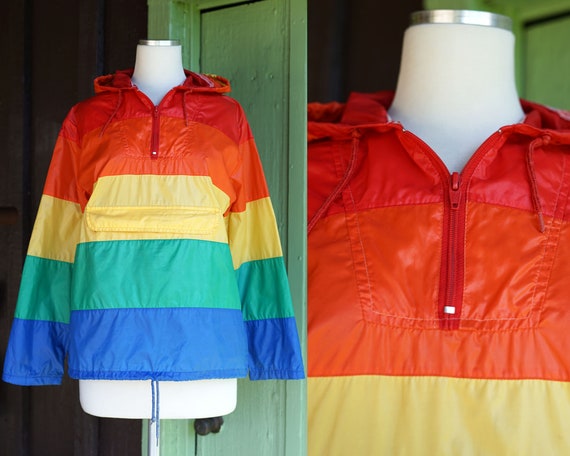 1970s 1980s Rainbow Striped Nylon Pullover with H… - image 1