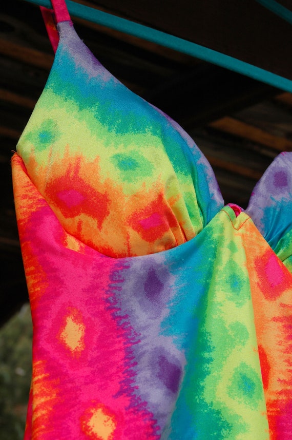 1980s Day Glow Rainbow Tie Dye One Piece Swimsuit // … Gem