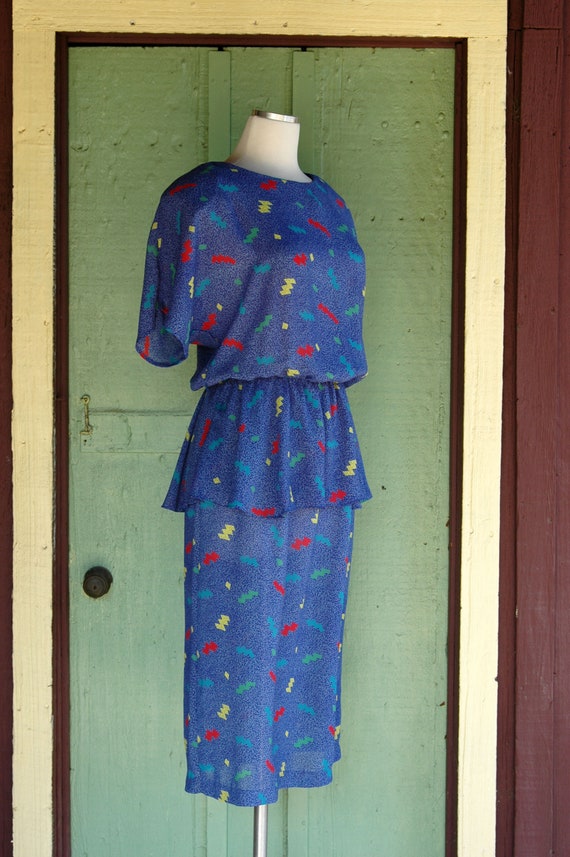 1980s 1990s Blue Confetti Print Peplum Dress / 80… - image 2