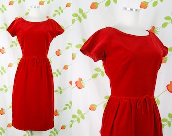 1950s 1960s Red Velvet Dress // 50s 60s California Girl Midi Dress with Bow
