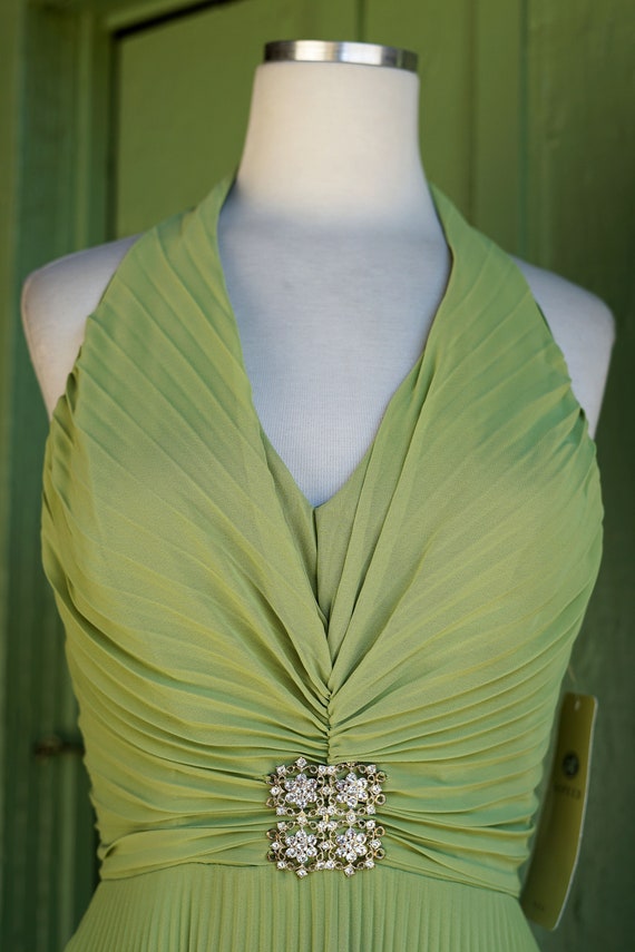 2000s Green Accordion Pleated Halter Dress // Y2K Mar… Gem