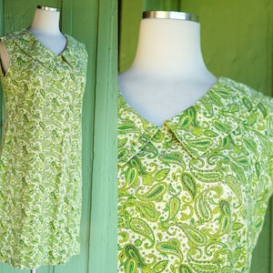 1960s Green Paisley Print Short Shift Dress with Adorable Collar // 60s Bright Green Paisley Dress