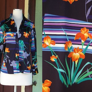 1970s Navy Blue Green Purple Orange Striped Floral Long Sleeve Blouse // 70s Striped Flower Button Up