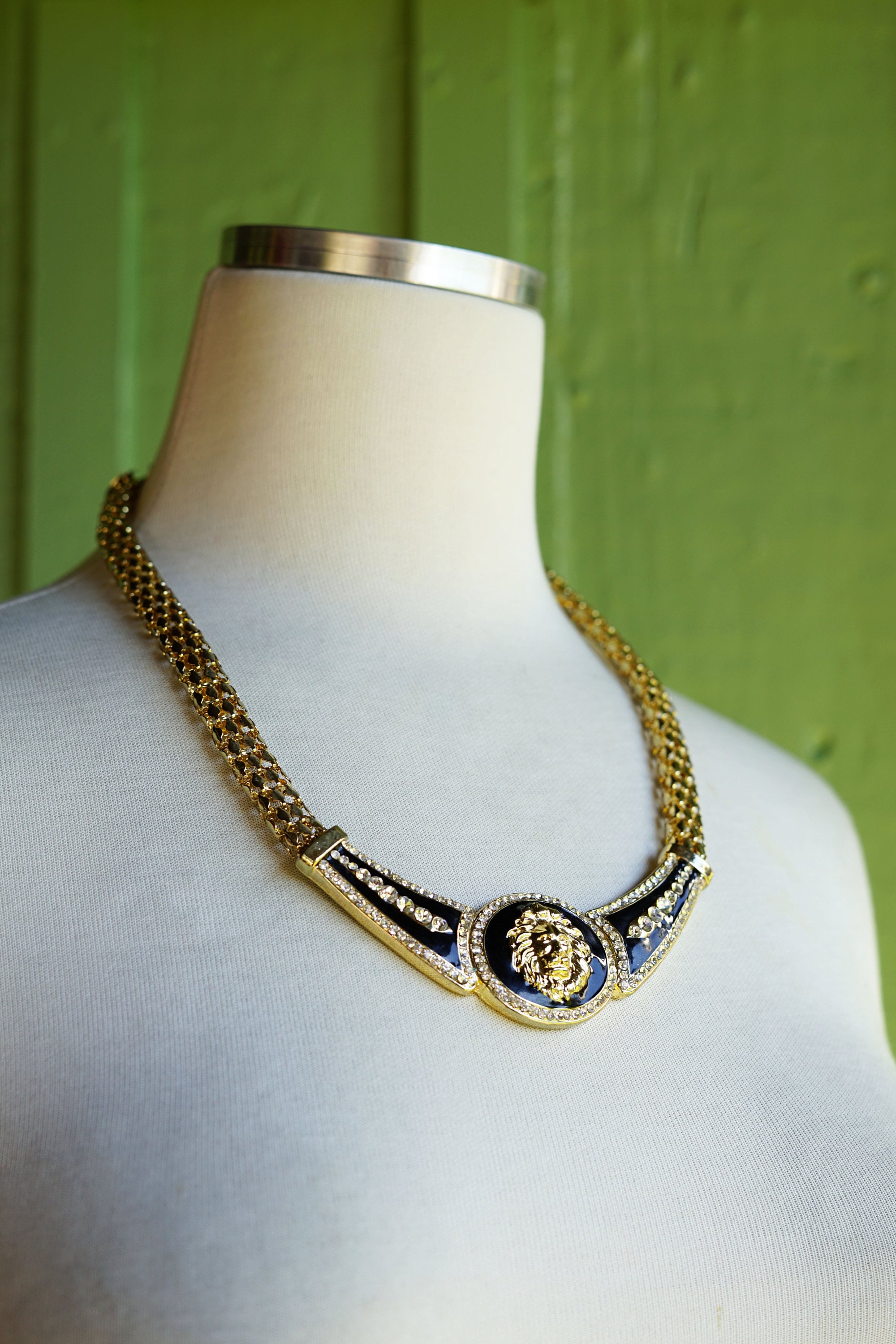 1990s 2000s Gold Black Rhinestone Lions-head Necklace // 90s Y2K 