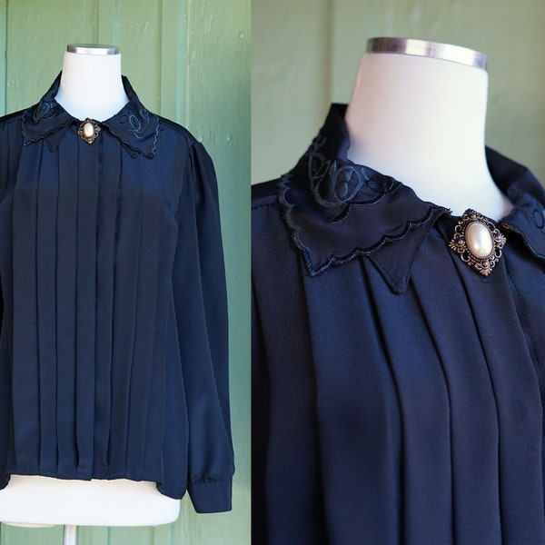 1980s Black Pleated Blouse by la’Rochelle // 80s Dynasty Style Formal Stitched Collar Faux Pearl Button Blouse
