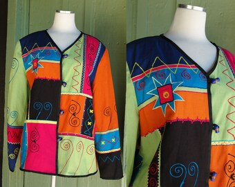 1990s 2000s Funky Colorful Patchwork Unique Jacket // 90s Y2K Art Teacher Pink Orange Green Spiral Zig Zag Floral Jacket