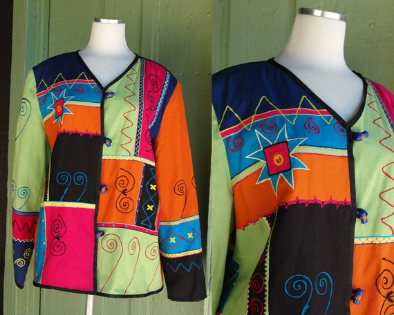 1990s 2000s Funky Colorful Patchwork Unique Jacke… - image 1