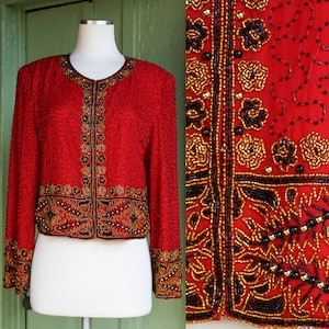 1990s Red Formal Jacket with Black and Gold Beaded Trim // 90s Ornate Floral Beaded Evening Jacket by Laurence Kazar