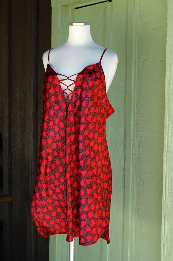 1980s Black Red Heart Print Slip Dress Short Nigh… - image 3