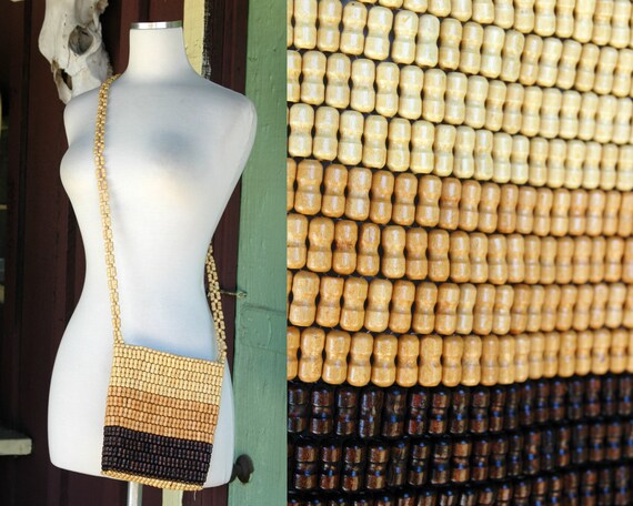 1990s does 1970s Brown Tan Wooden Beaded Purse //