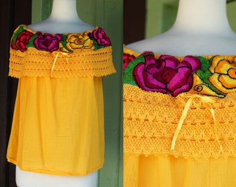 1980s 1990s Yellow Gauze Top with Bright Colorful Floral Embroidered Trim // 80s 90s Off the Shoulder Floral Lace Top