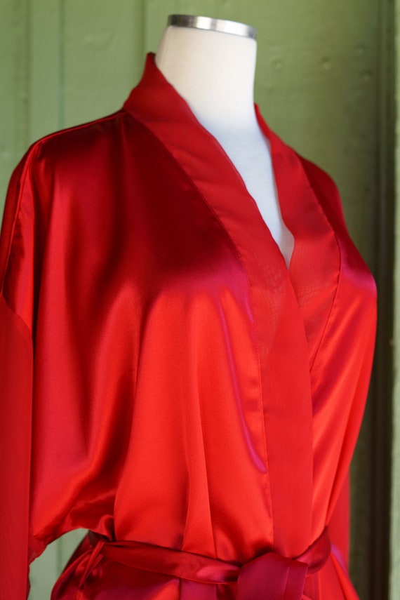 Shortie Red Robe 1990s Red Silky Short Robe with Sheer Wide Sleeves //… - Gem