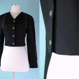 1990s Navy Escada Cropped Blazer with Black and White Piping // 90s Dark Navy Blue Short Fitted Blazer