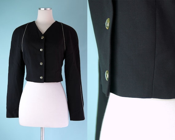 1990s Navy Escada Cropped Blazer with Black and W… - image 1