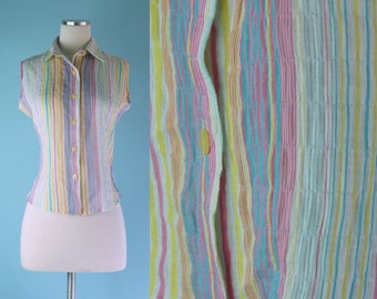 1980s 1990s does 1960s Pink Yellow Blue Pastel Striped Tank Top // 60s Style Button Up Shell Blouse