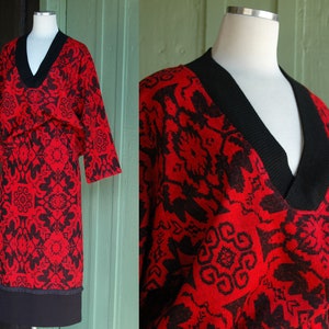 1980s Red Black Knit Crop Sweater and Skirt Set // 80s Funky Print V Neck Cropped Sweater and Midi Skirt