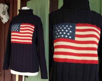 annieOHvintage Ralph Lauren Navy Blue Turtleneck Ralph Lauren Sweater with America Flag // Classic Navy Blue Turtleneck Sweater