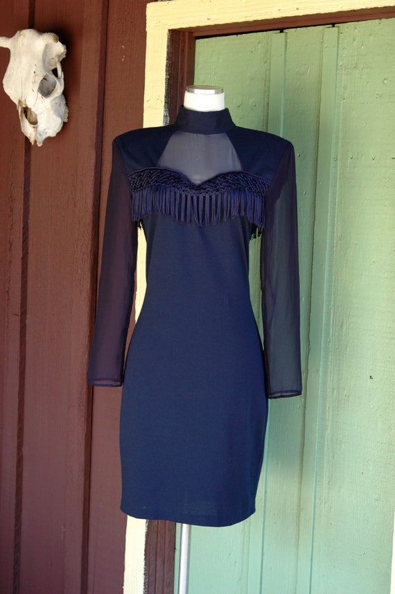 1990s Navy Blue Hourglass Mock Neck Dress with Sh… - image 6