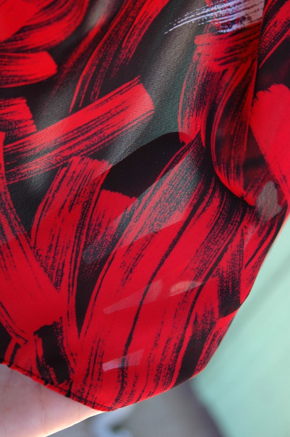 1980s Red White Black Abstract Brush Print Sheer … - image 6