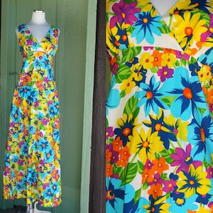 1970s Bright Colorful Floral Empire Waist Maxi Dress by Lanz Original // 70s Sleeveless V Neck Yellow Blue Green Orang Flower Long Dress