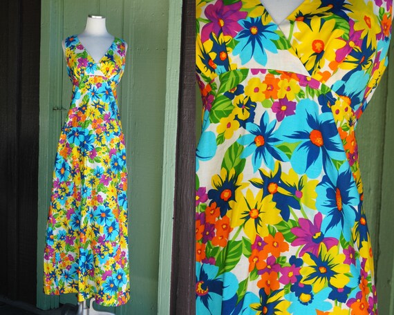1970s Bright Colorful Floral Empire Waist Maxi Dress by Lanz Original //  70s Sleeveless V Neck Yellow Blue Green Orang Flower Long Dress - Etsy