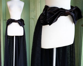 1980s Black Lace Overskirt with Black Satin Bow at Waist // 80s Punk Unique Long Back Skirt