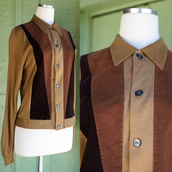 1960s Brown Button Up Italian Inspired Knit Top w… - image 1