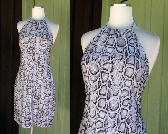 2000s Grey Snakeskin Print Halter Dress // Y2K New Old Stock Tie Neck Halter Open Back Stretchy Snake Print Grey Black Dress