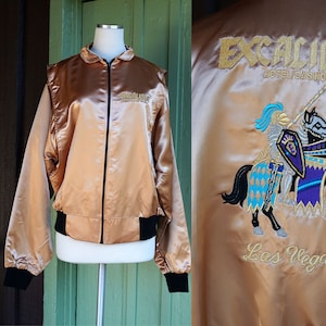 1980s Excalibur Hotel Casino Las Vegas Jacket // 80s Liquid Copper Gold Look Bomber Jacket