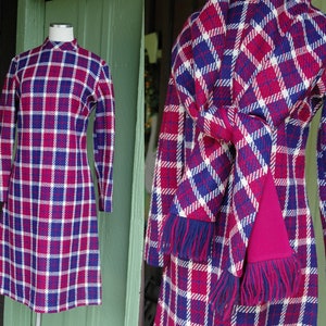 1970s Blue Purple Plaid Long Sleeve Mock Neck Dress and Scarf Set // 70s Bleeker Street Mod Midi Dress