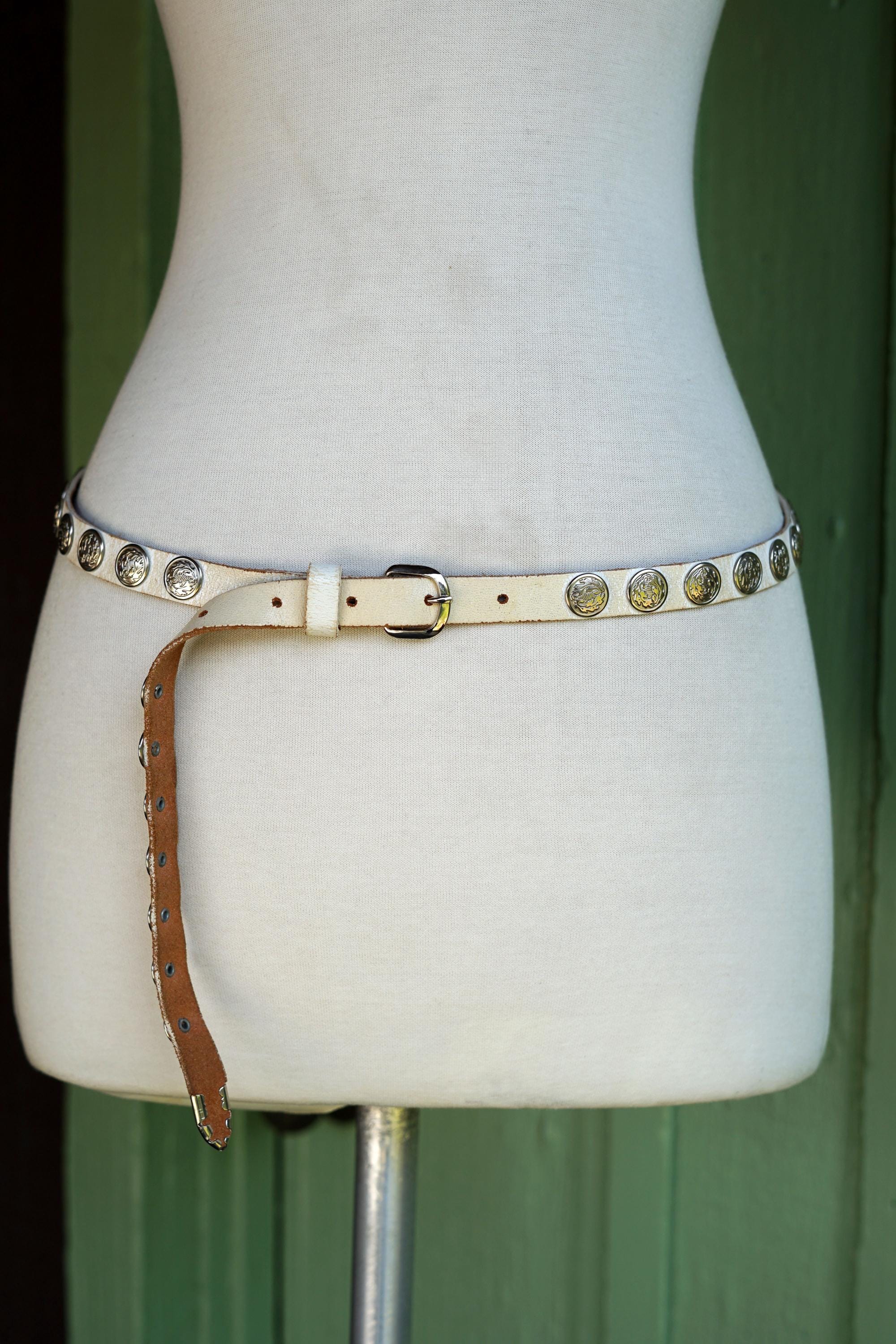 1990s White Thin Leather Belt With Silver Coin Stud Detail 