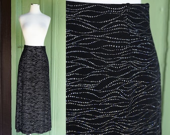 1990s 2000s Black Silver Glitter Print Stretchy Maxi Skirt // 90s Y2K Long Black Skirt with Silver Blue Glitter