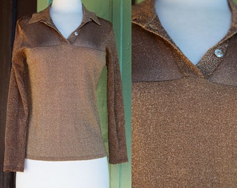 1980s 1990s Tan Brown Gold Lurex Metallic Knit Color Block Shirt // 80s 90s Metallic Sparkle Brown Tan Long Sleeve Top