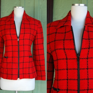 HOLIDAY 1990s Red and Black Square Plaid Print Blazer // 90s Red and Black Zip Front Fitted Boxy Blazer Jacket