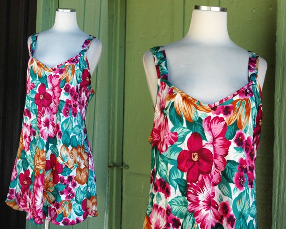 1990s Green Pink Orange Floral Lingerie Slip Dres… - image 1