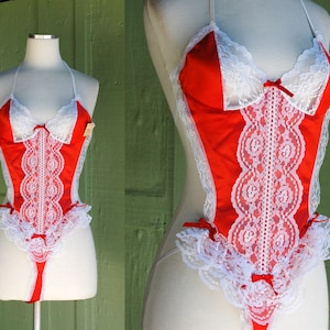 1970s Red White Lace Ruffled Frederick’s of Hollywood Bodysuit // 70s Sexy Lingerie Romper