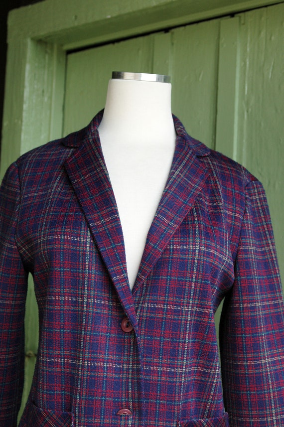 1970s Navy Blue Red Tan Green Plaid Blazer Jacket… - image 3